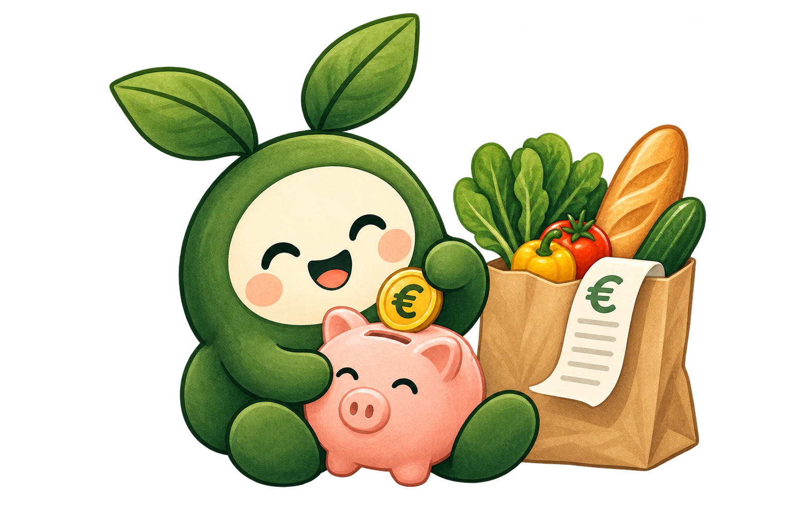 Nibble mit Sparschwein, Einkauf und Euro-Münze
